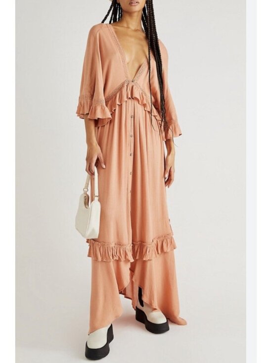 Free People Dresses & Skirts - Free People Paradiso Endless Boho Maxi Ruffle Dress Tiered Boho Orange Size SP